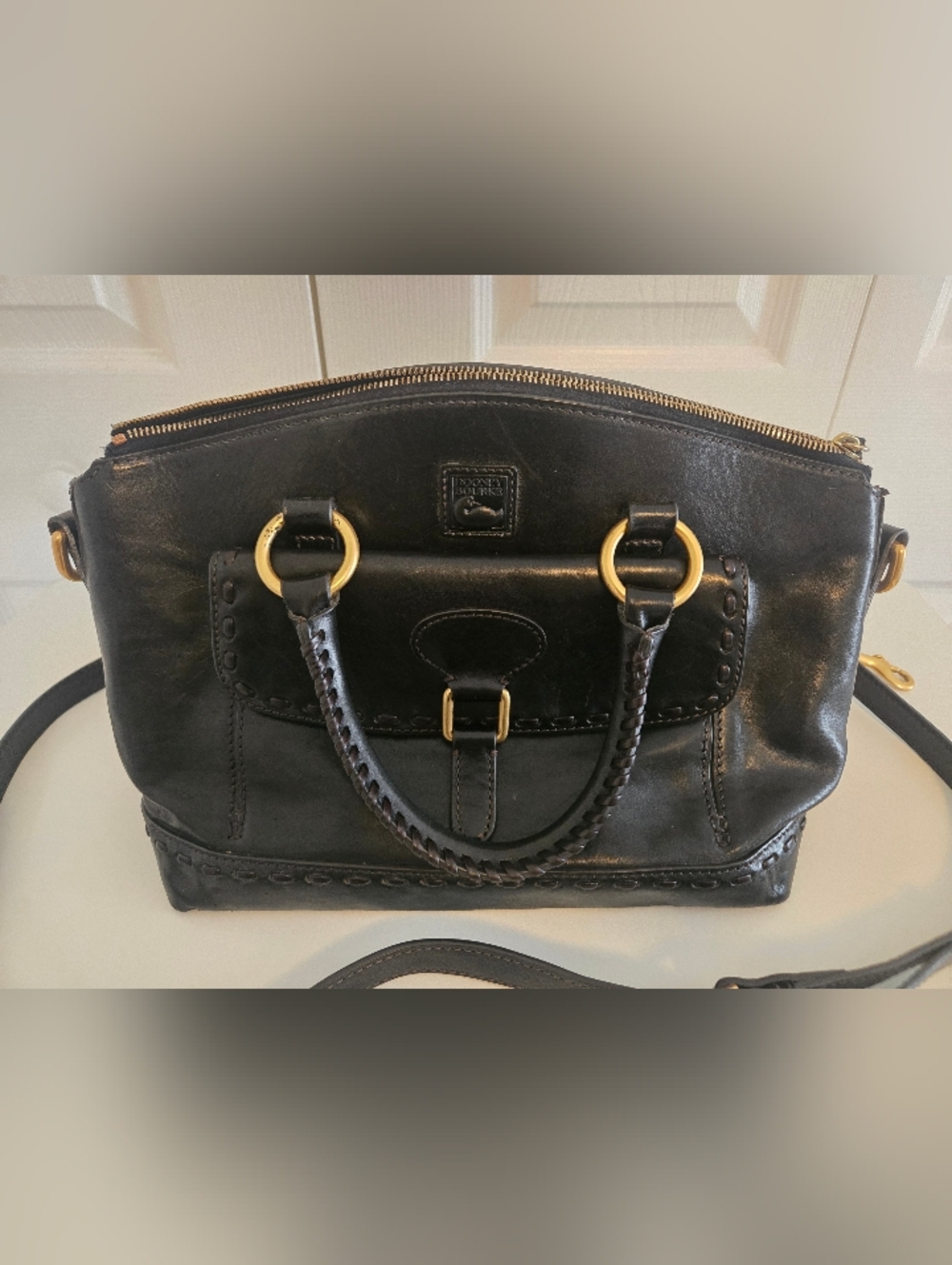 Dooney & Bourke Black Leather Shoulder Satchel with Gold Hardware